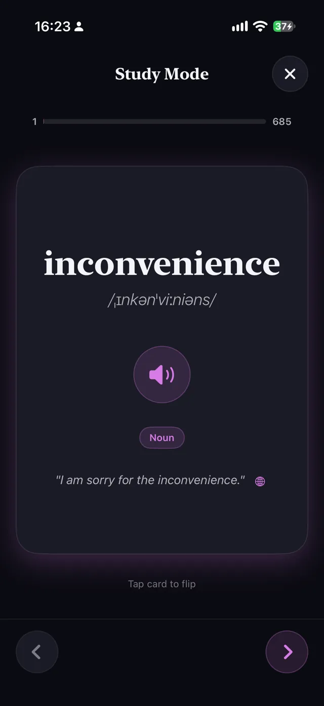 Study card front: inconvenience, with pronunciation