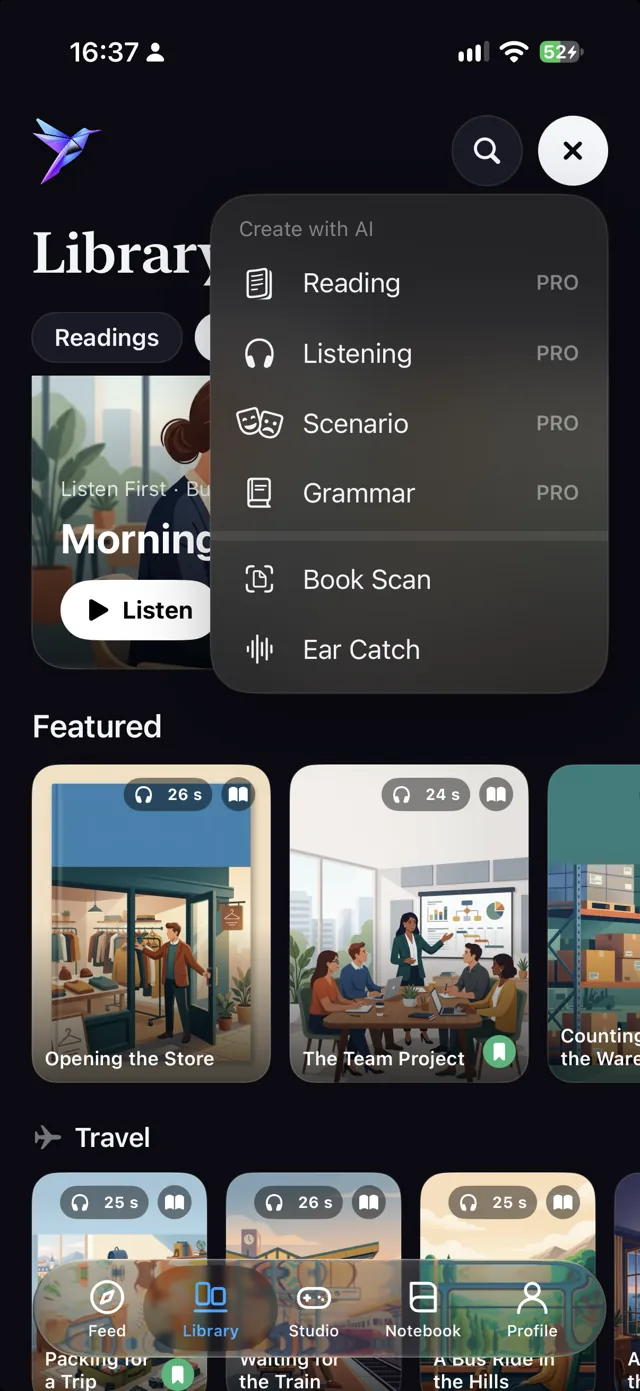Library with the Create with AI menu open