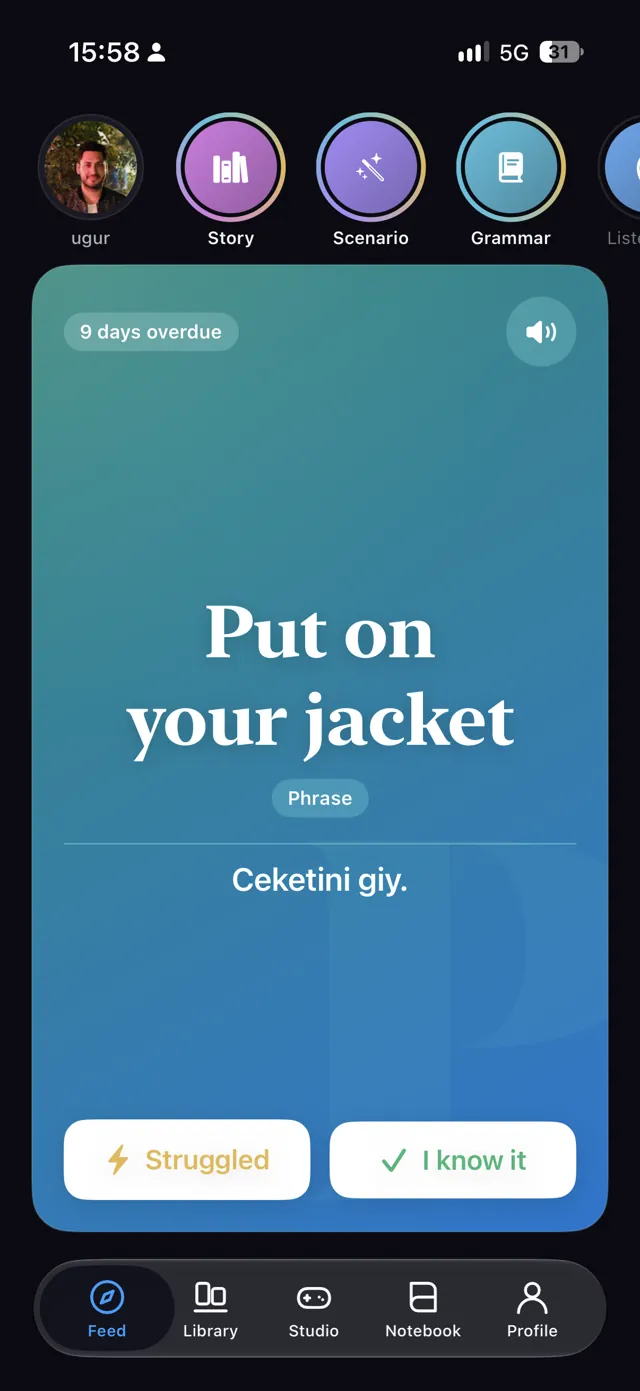 Wordilla home feed showing today's phrase card