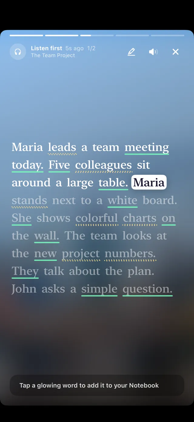 A listening item with transcript and underlined words