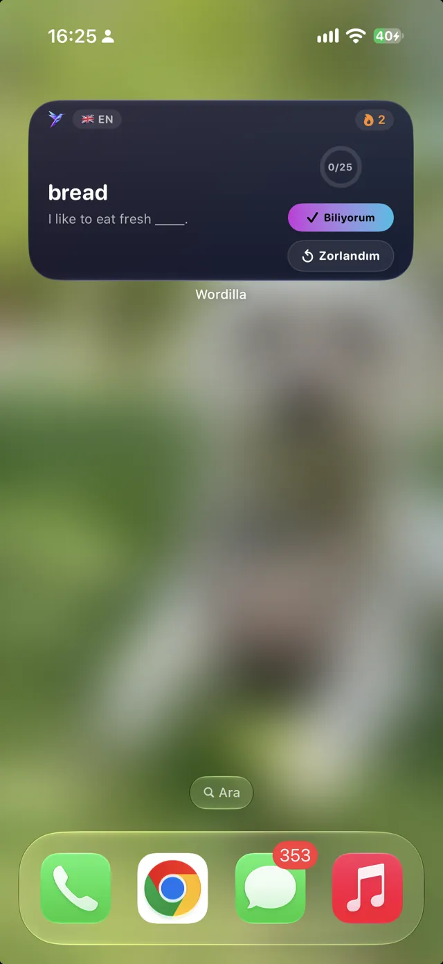 iPhone home-screen widget showing a word